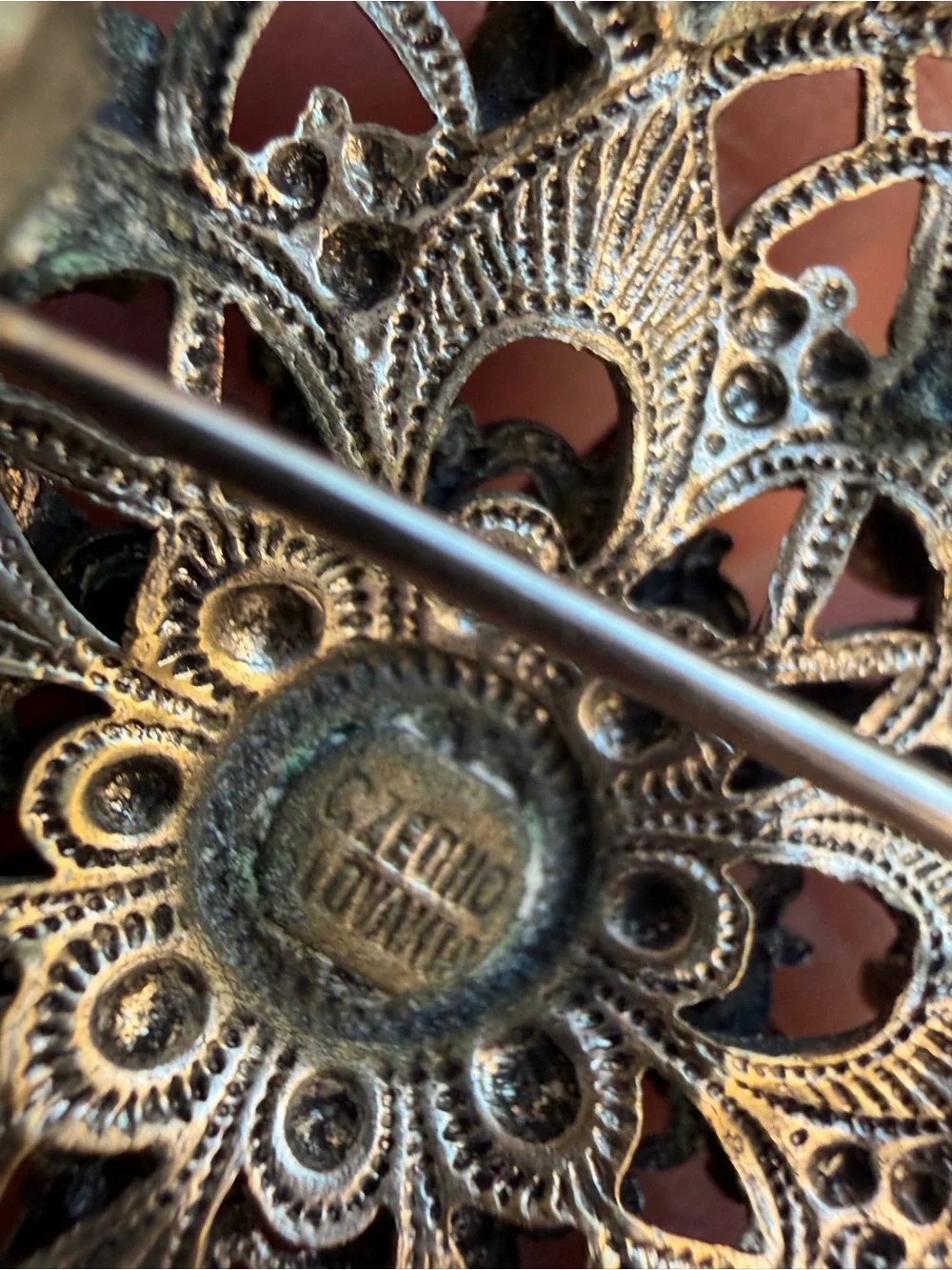 Vintage Silver Tone Czechoslovakia Ornate Black Crystal Filigree Brooch